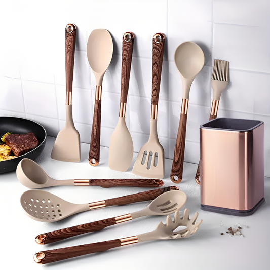 Cream & Rose Gold Plated Kitchen Utensil Set (10-Piece with Holder) | Avenia Brand