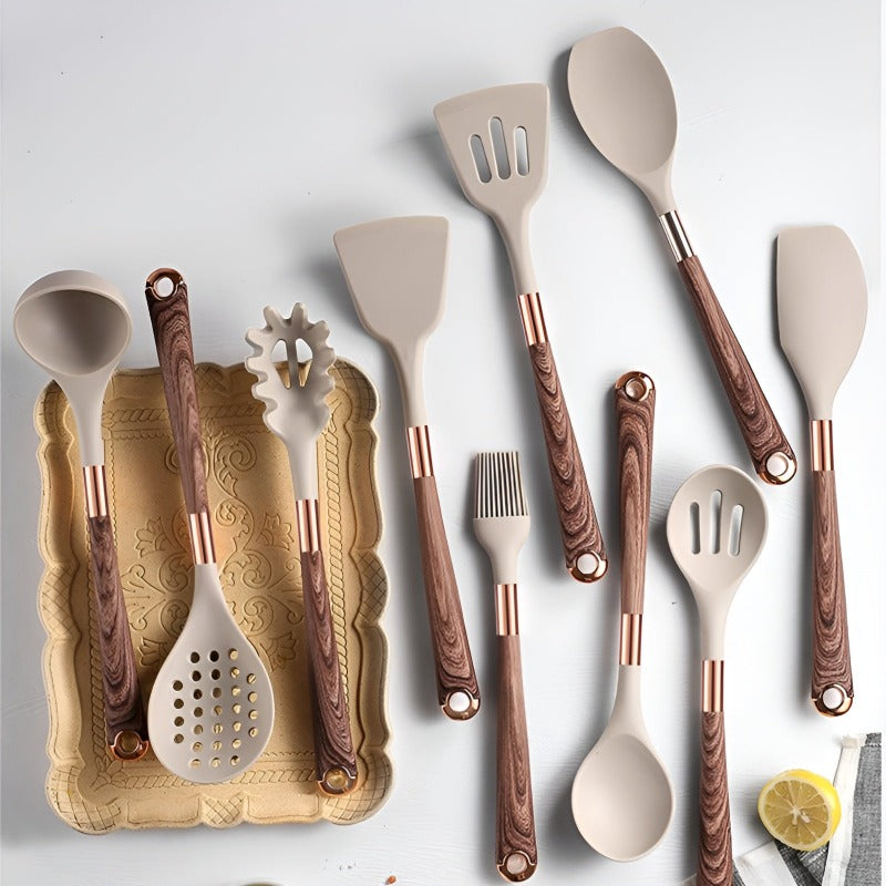 Cream & Rose Gold Plated Kitchen Utensil Set (10-Piece with Holder) | Avenia Brand